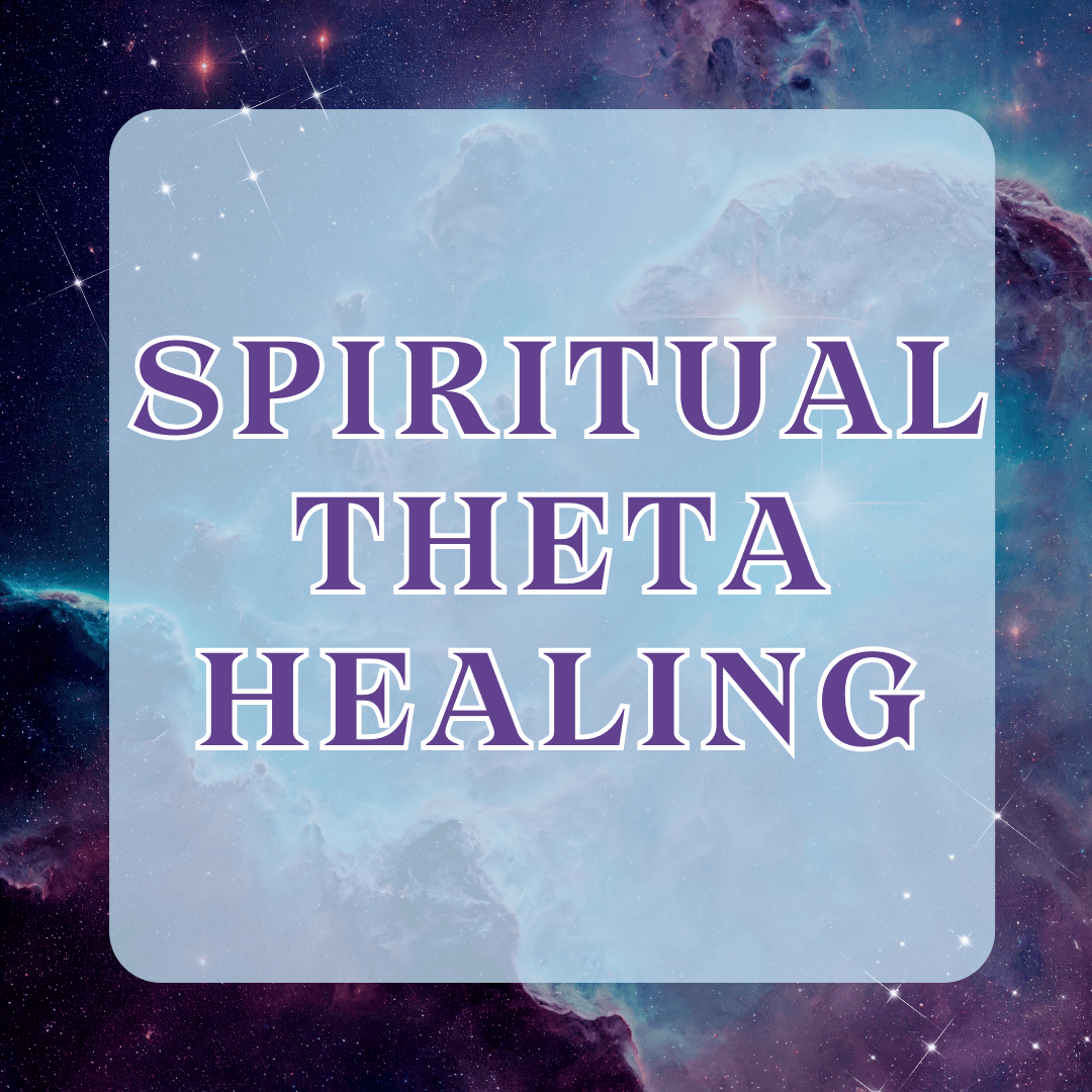 The image displays the text "Spiritual Theta Healing" in bold, purple letters against a cosmic background of stars and nebulae in shades of blue and purple.