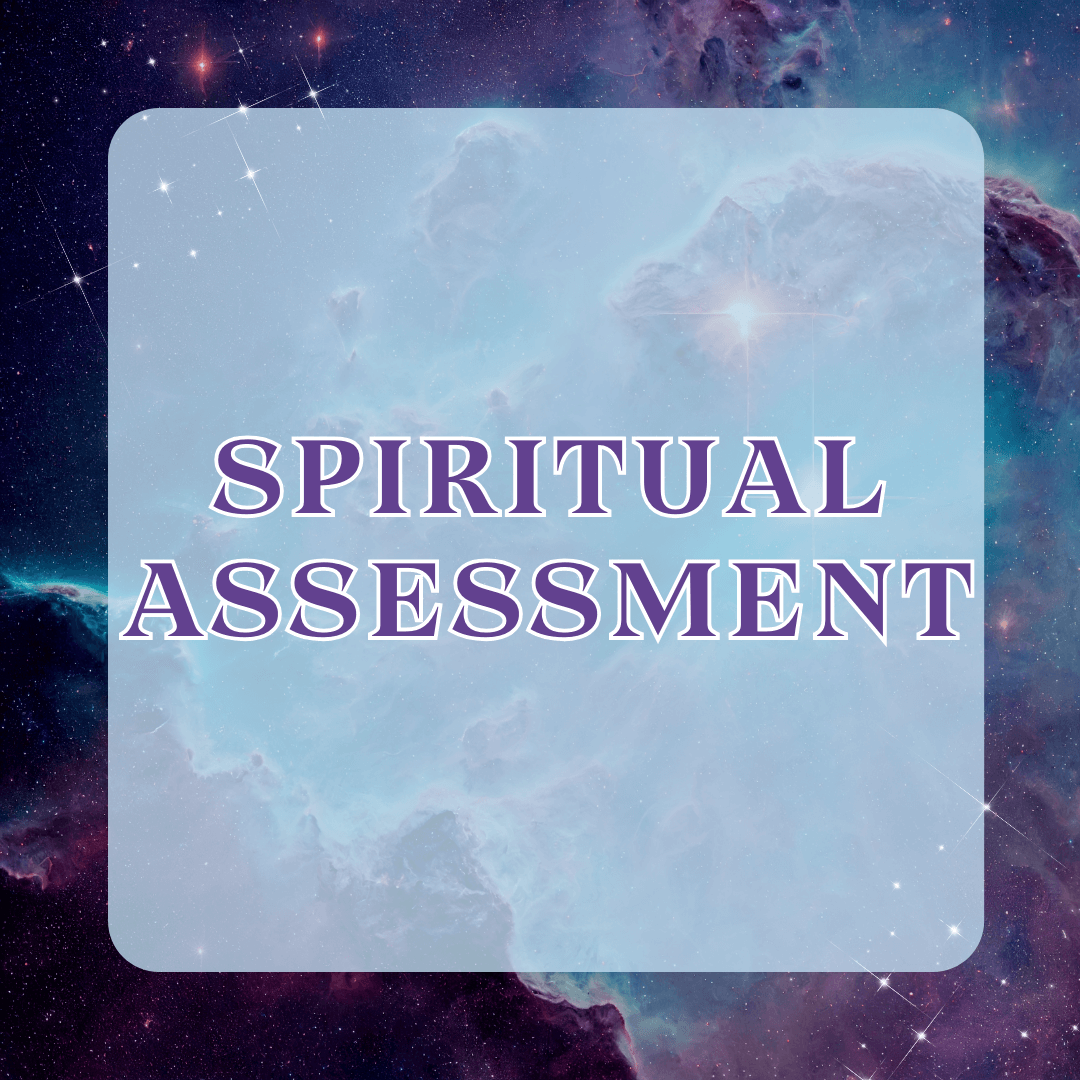 
The image displays the text "Spiritual Assessment" in bold, purple letters against a cosmic background of stars and nebulae in shades of blue and purple.