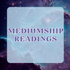 The image displays the text "Mediumship Readings" in bold, purple letters against a cosmic background of stars and nebulae in shades of blue and purple.