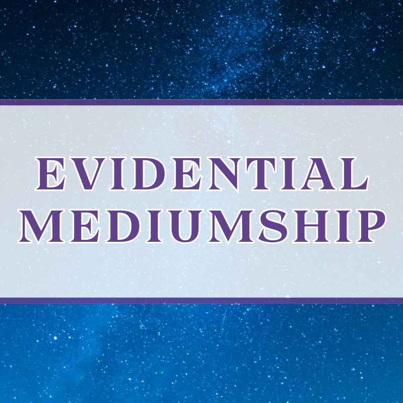 The image shows the text "Evidential Mediumship" in bold, purple letters against a background of a starry night sky, framed by a soft gradient of light and dark blue.