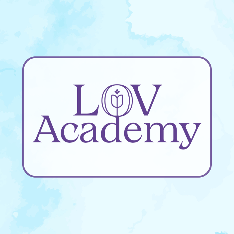 The image displays the text "LoV Academy" in purple letters with a minimalist flower-like symbol inside the letter "O," all set against a light blue, watercolor-style background.